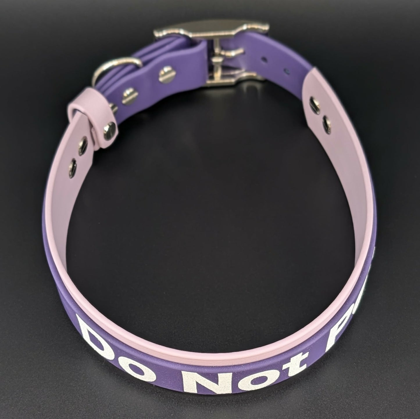 1.5 inch wide lavender and dark purple layered biothane do not pet dog collar