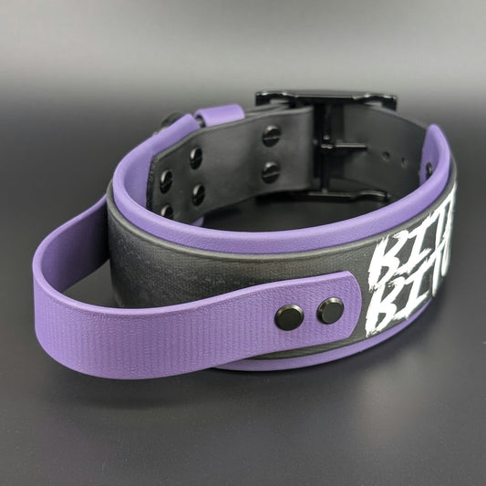 Ready to Ship - Dark Purple and Black Layered Biothane BITEY BITCH Collar with Tactical Handle, 2 inch wide 15 - 18 inch neck