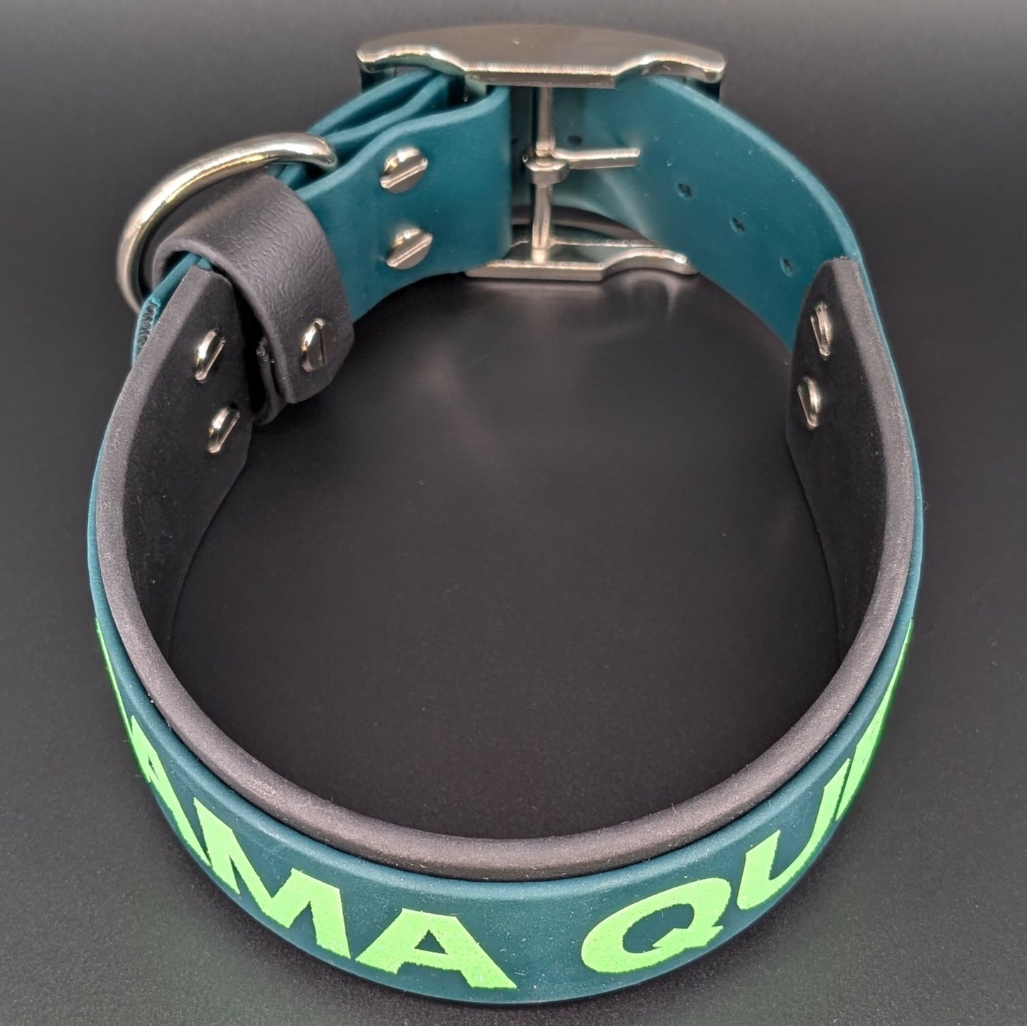 2 inch wide black and dark green layered biothane drama queen dog collar silver hardware