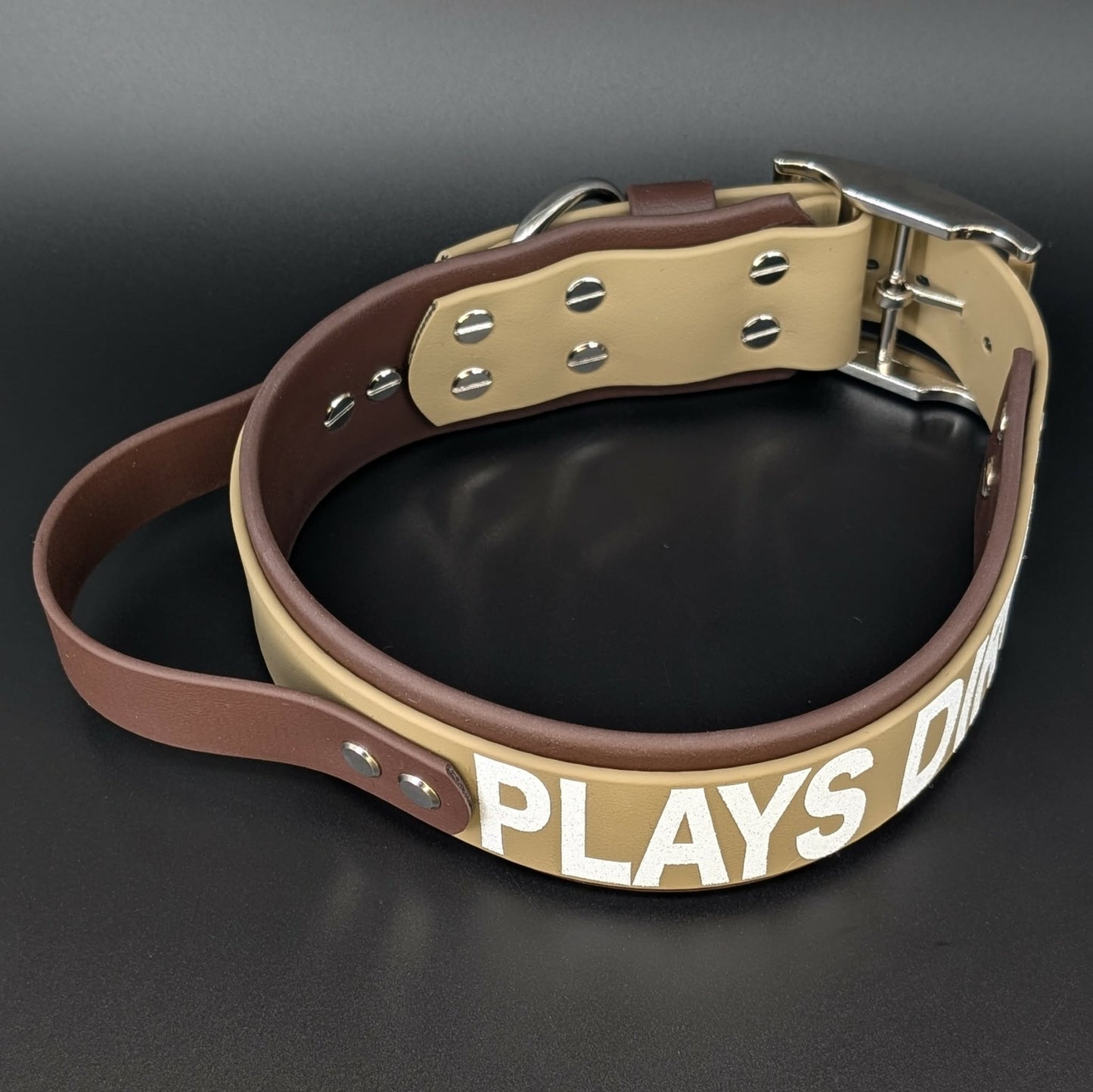 2 inch wide brown and tan tactical handle dog collar