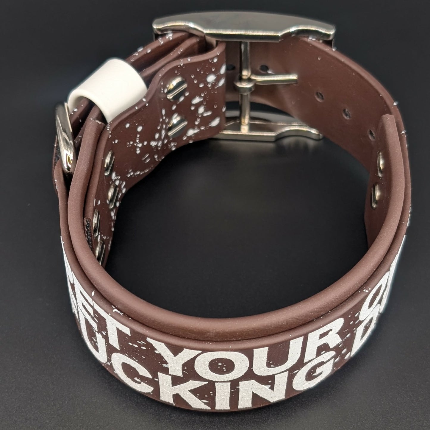 2 inch wide brown layered biothane pet your own fucking dog collar with splatter paint