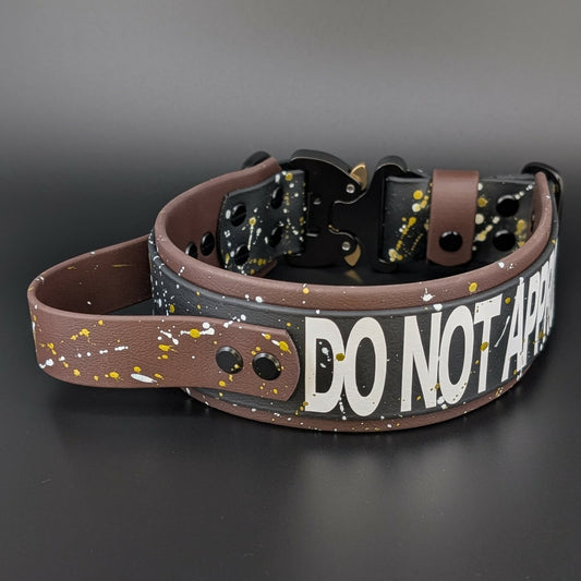 2 inch wide dark brown and black layered biothane dog collar with handle and splatter paint