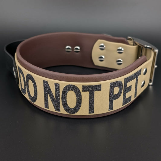 2 inch wide dark brown and tan layered biothane dog collar black tactical handle black glitter do not pet text