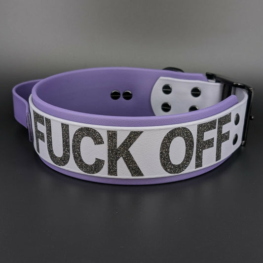 2 inch wide dark purple and gray layered biothane dog collar with tactical handle and fuck off glitter text