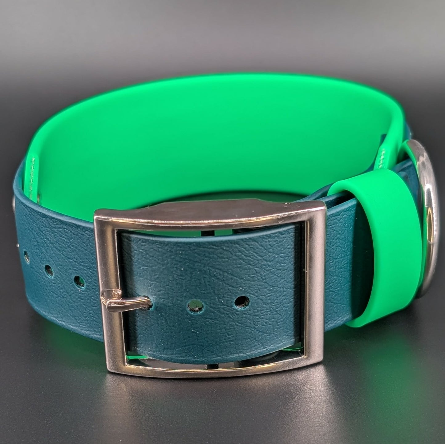 2 inch wide layered biothane collar light and dark green