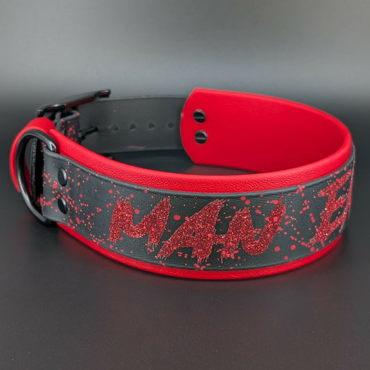 2 inch wide red and black layered biothane man eater dog collar with red splatter paint