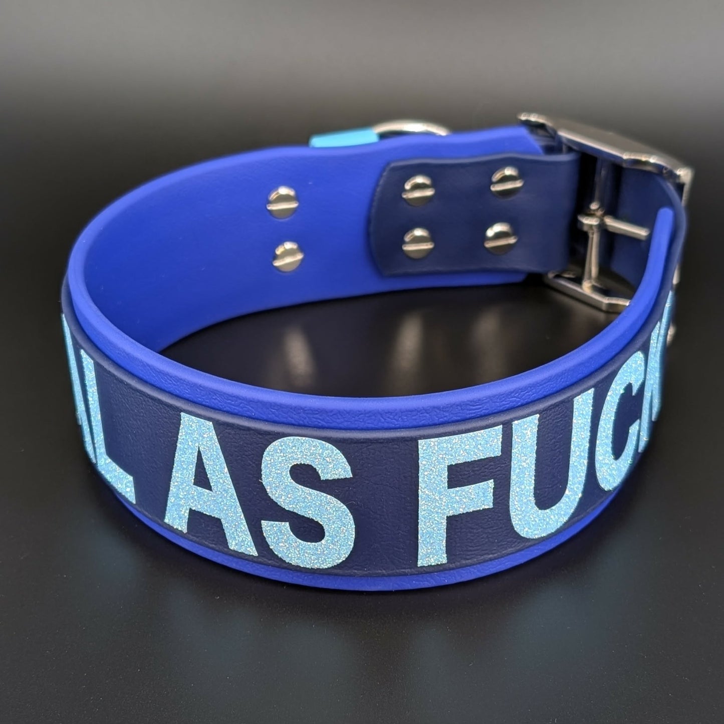 2 inch wide royal blue and navy blue layered biothane feral as fuck collar
