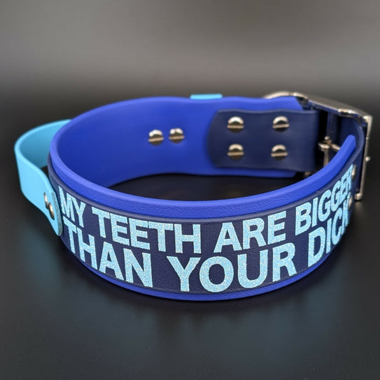 2 inch wide royal blue and navy blue layered biothane my teeth are bigger than your dick collar with tactical handle