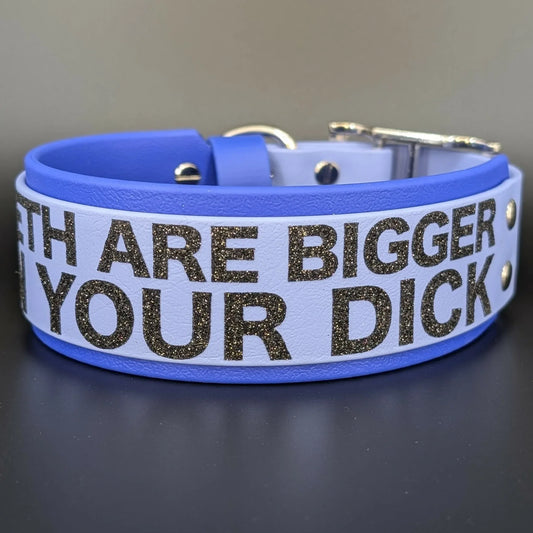 2 inch wide royal blue and periwinkle layered biothane my teeth are bigger than your dick dog collar