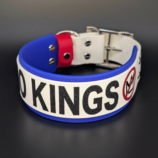 2 inch wide layered biothane dog collar with NO KINGS in black glitter