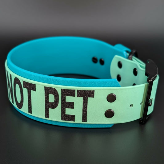 2 inch wide teal and mint green layered biothane glitter do not pet dog collar with tactical handle