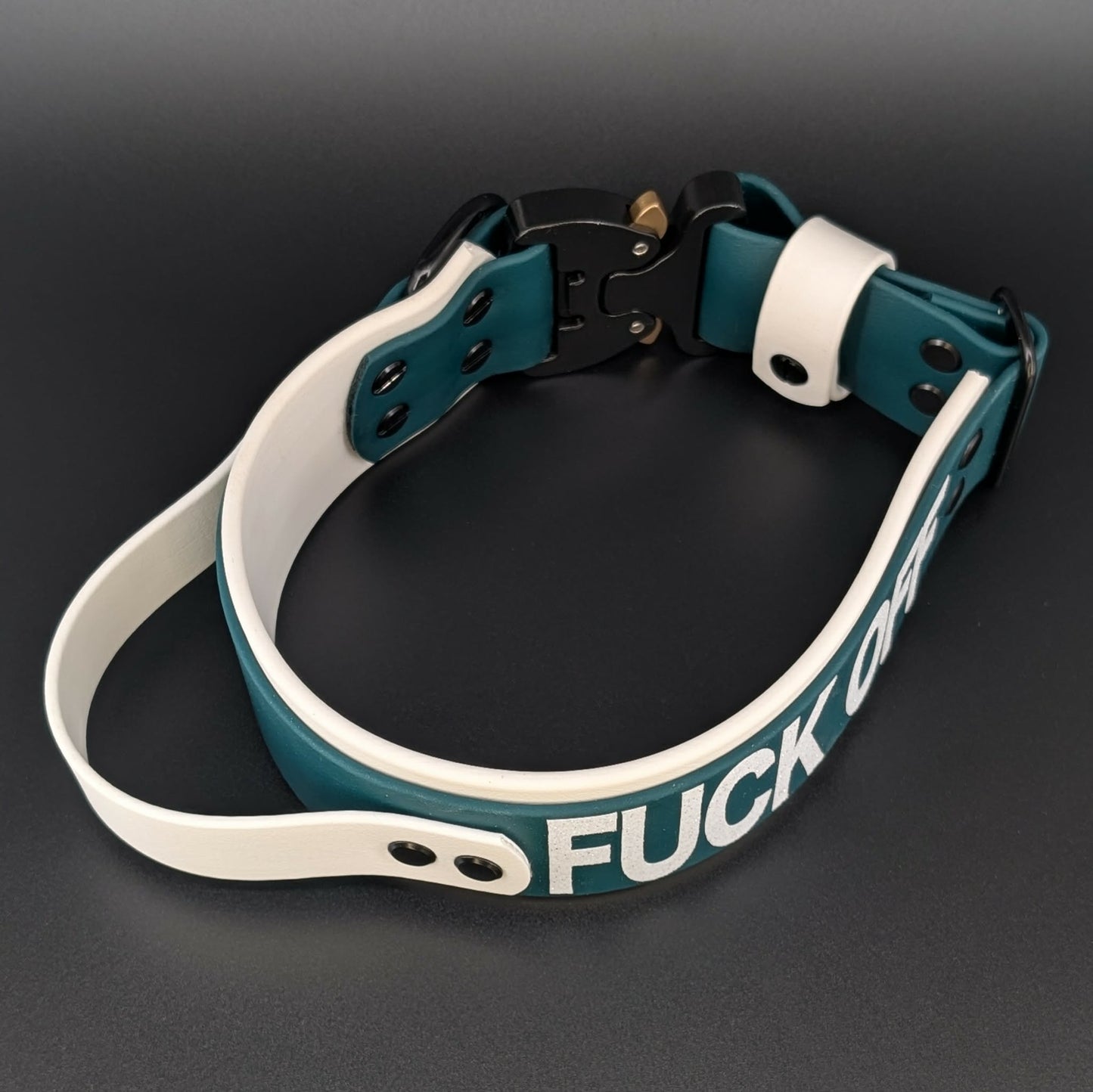 2 inch wide white and dark green layered biothane collar with tactical handle and cobra buckle