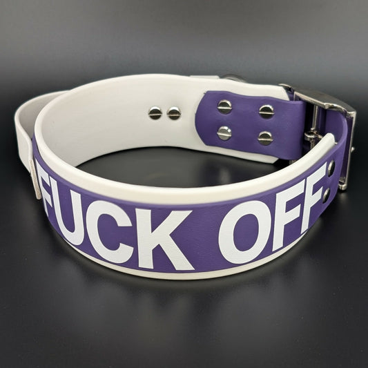 2 inch wide white and dark purple layered biothane fuck off dog collar with tactical handle