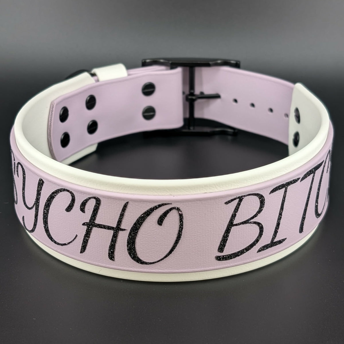 2 inch wide white and lavender layered biothane psycho bitch dog collar
