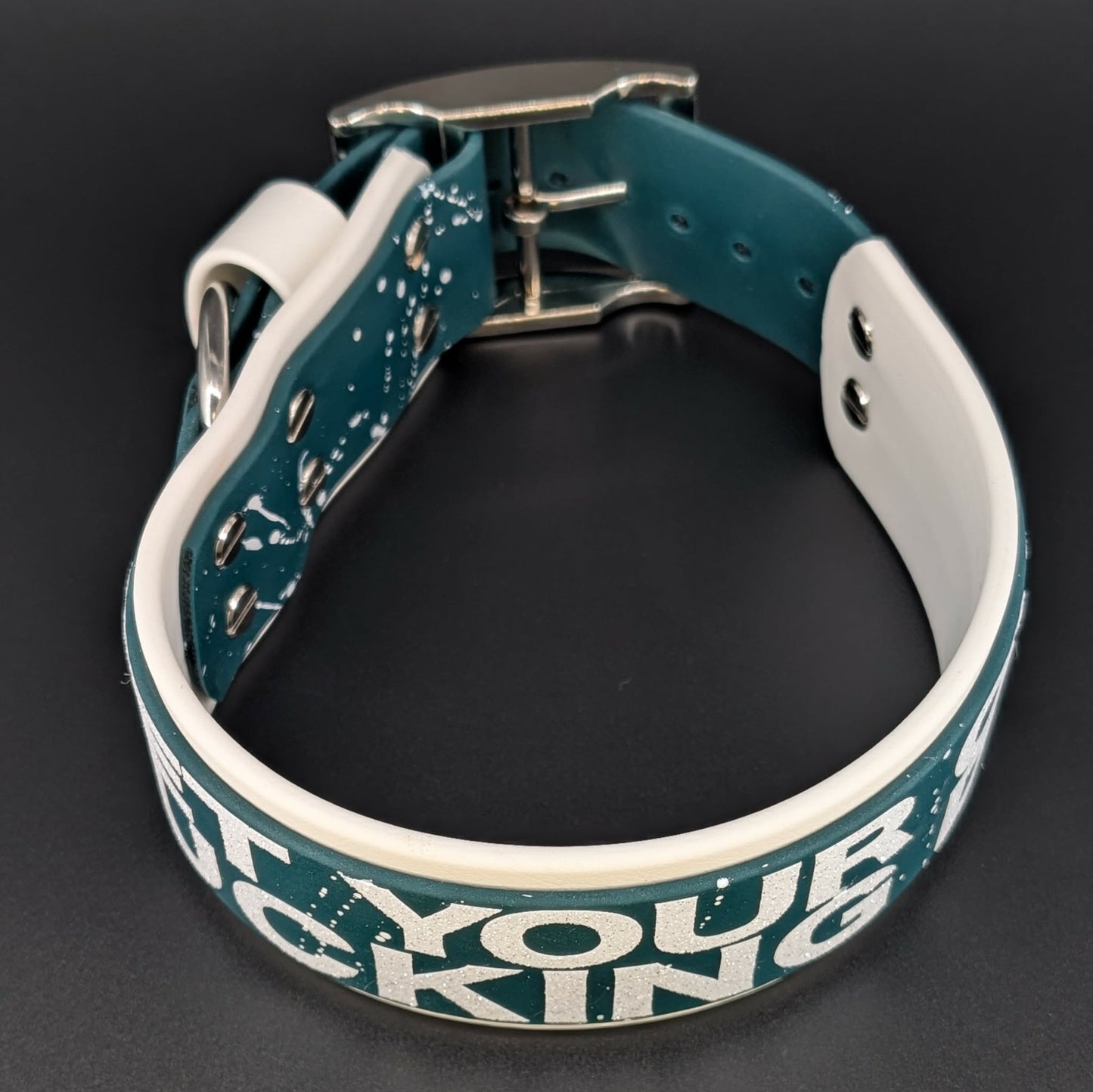 2 inch wide white with dark green layered biothane pet your own fucking dog collar with splatter paint silver hardware
