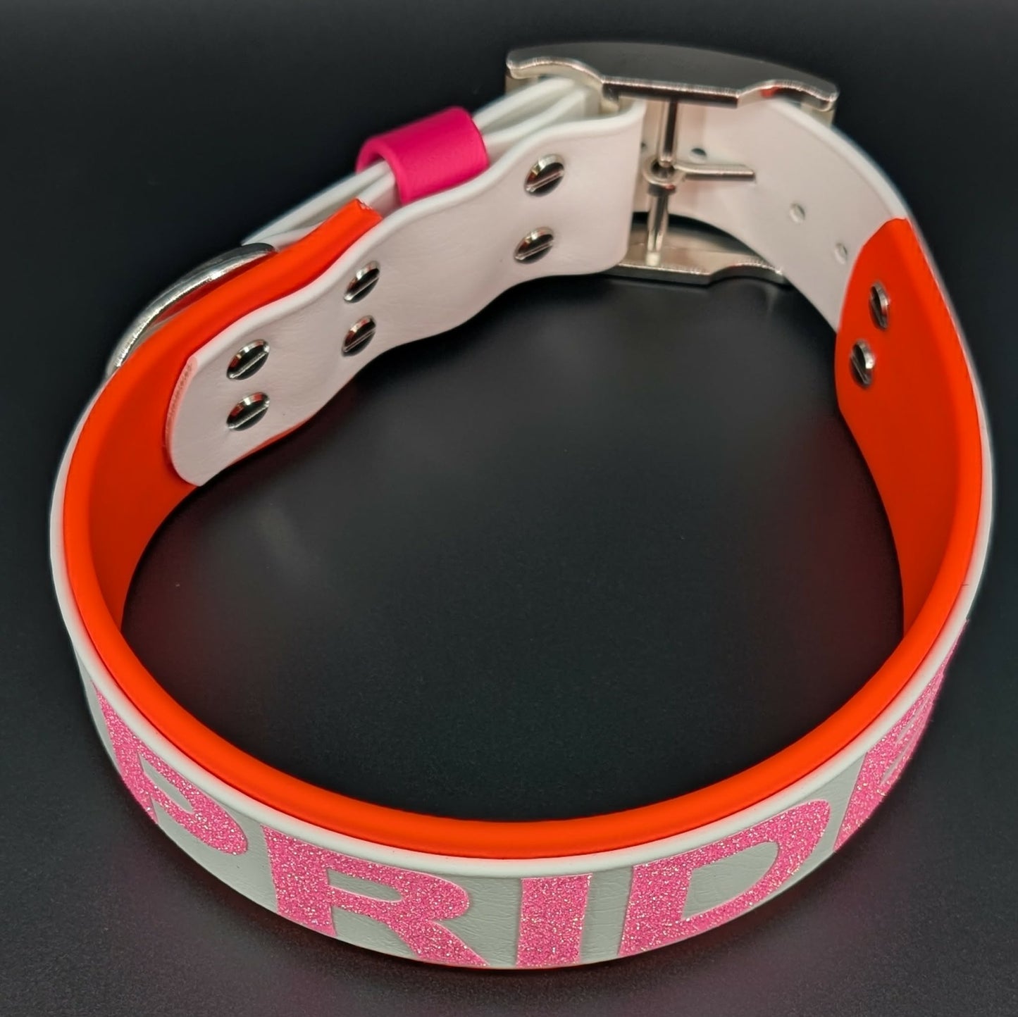Orange and White Layered Biothane Lesbian PRIDE Collar glitter text 2 inch wide