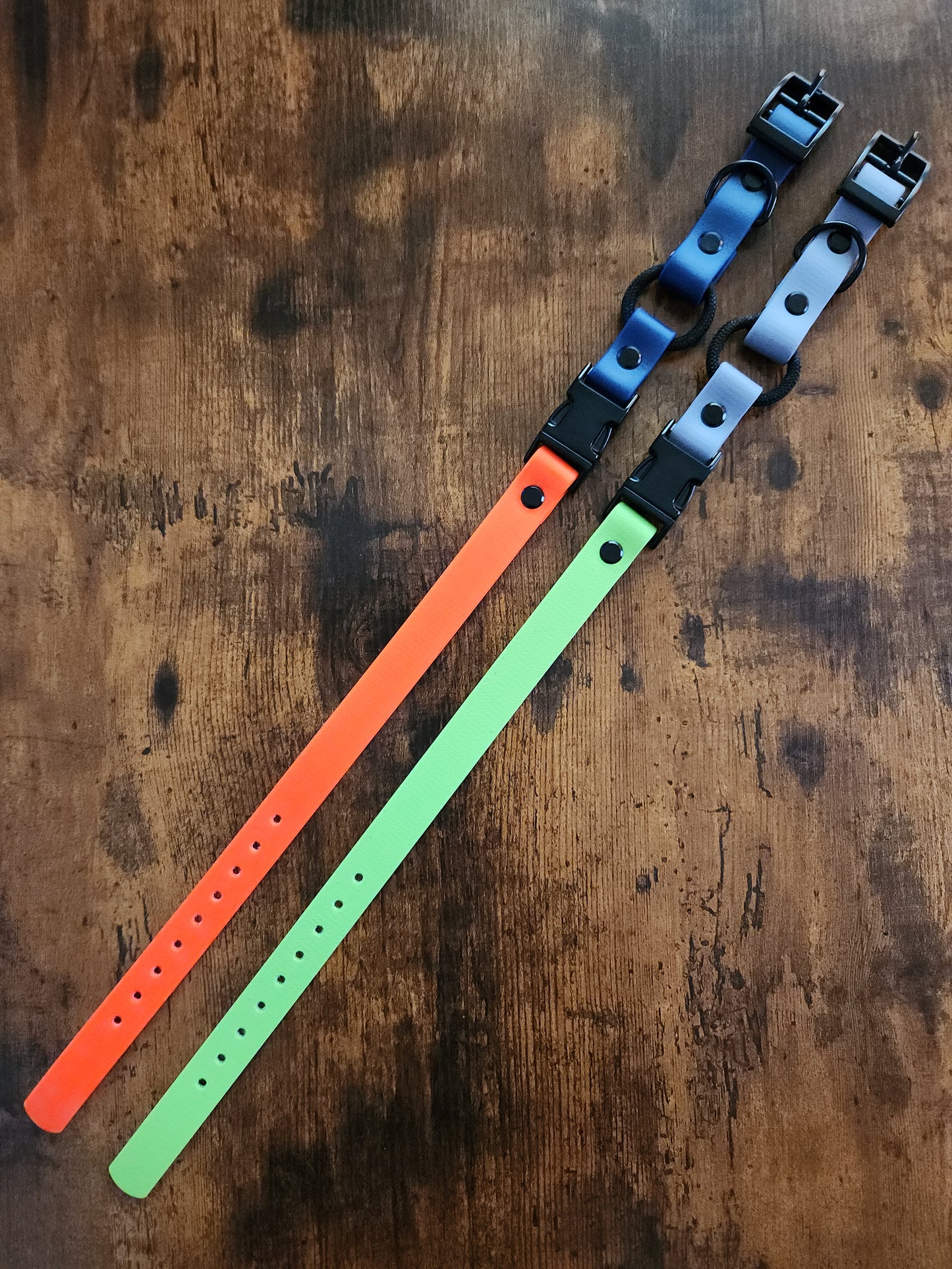 two biothane e-collar straps with bungee and quick release buckle