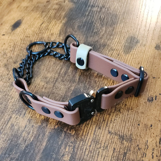 brown and tan biothane and chain martingale dog collar with quick release cobra buckle