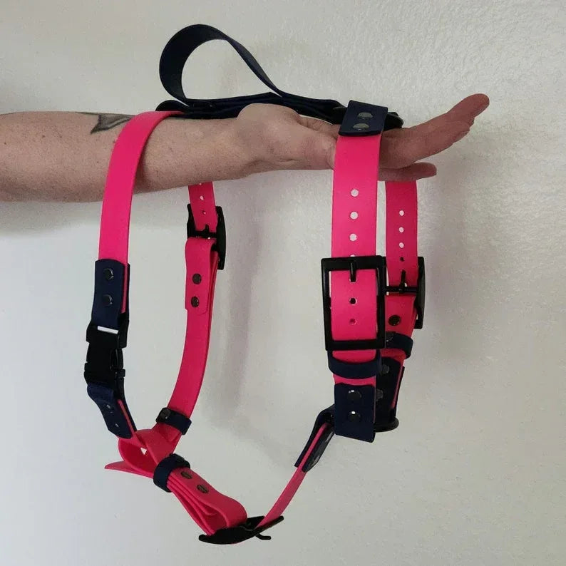 pink and dark blue biothane dog harness with built-in traffic handle