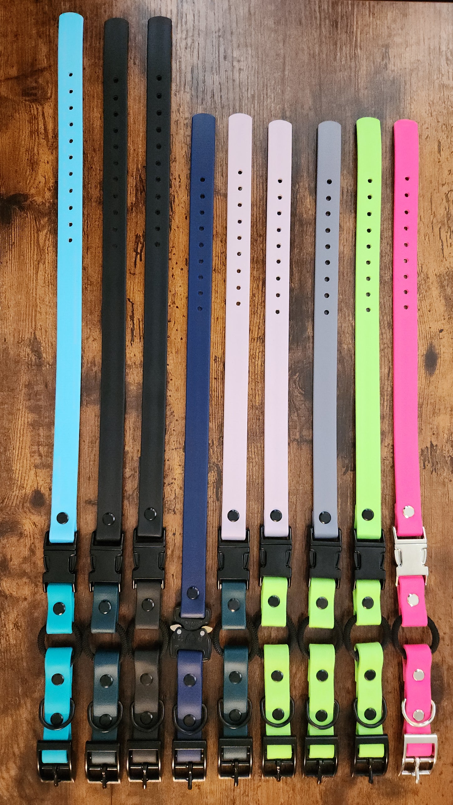 9 biothane e-collar straps in different colors