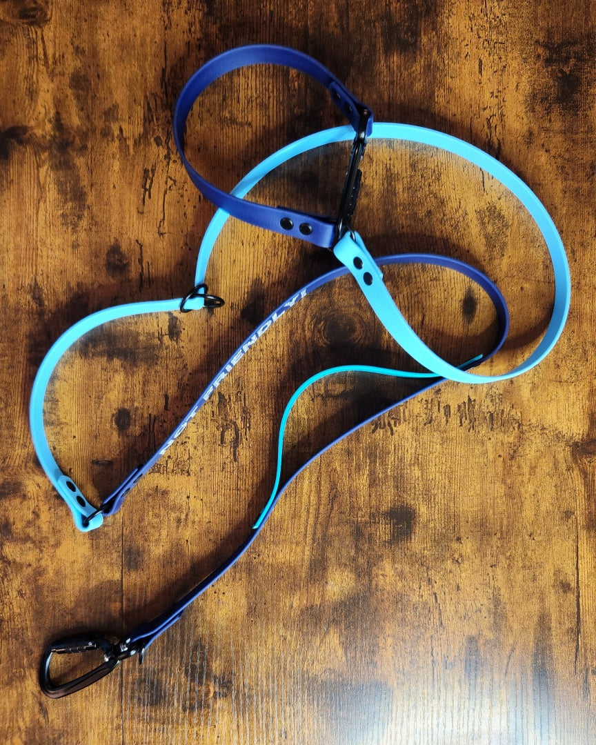 biothane hands free dog leash with custom text and built in traffic handle and carabiner clips