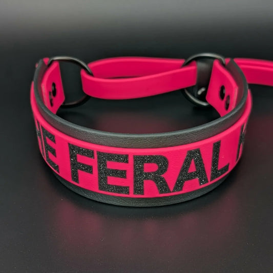 black and pink layered biothane french martingale dog collar with personalized text