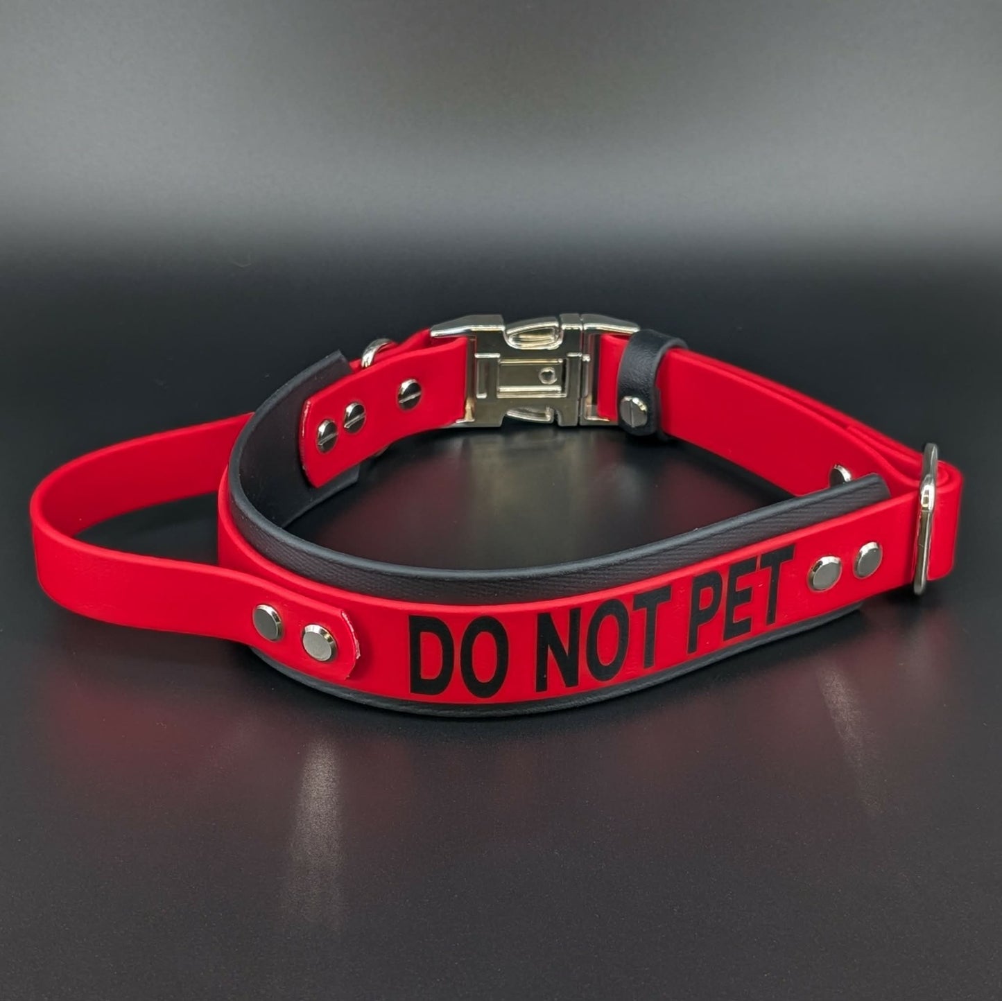 black and red layered biothane do not pet dog collar with quick release buckle and tactical handle
