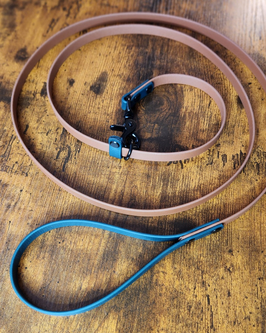 brown and green biothane slip lead with quick release clip