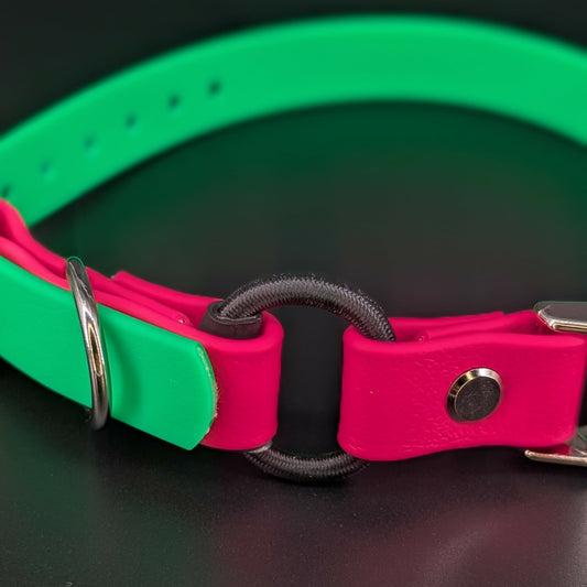 bungee e-collar strap made with light green and pink biothane