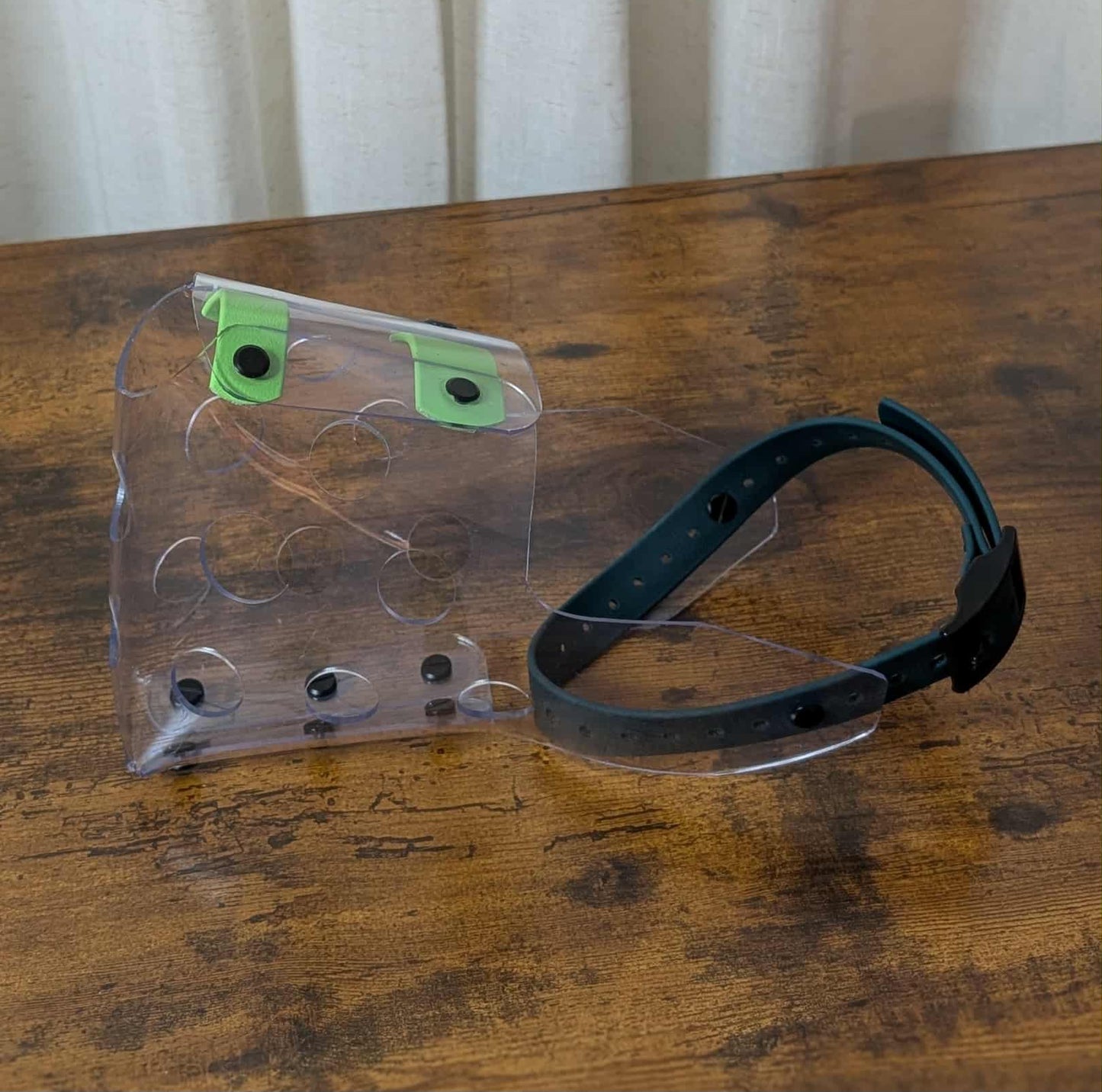 custom green biothane and clear vinyl dog muzzle