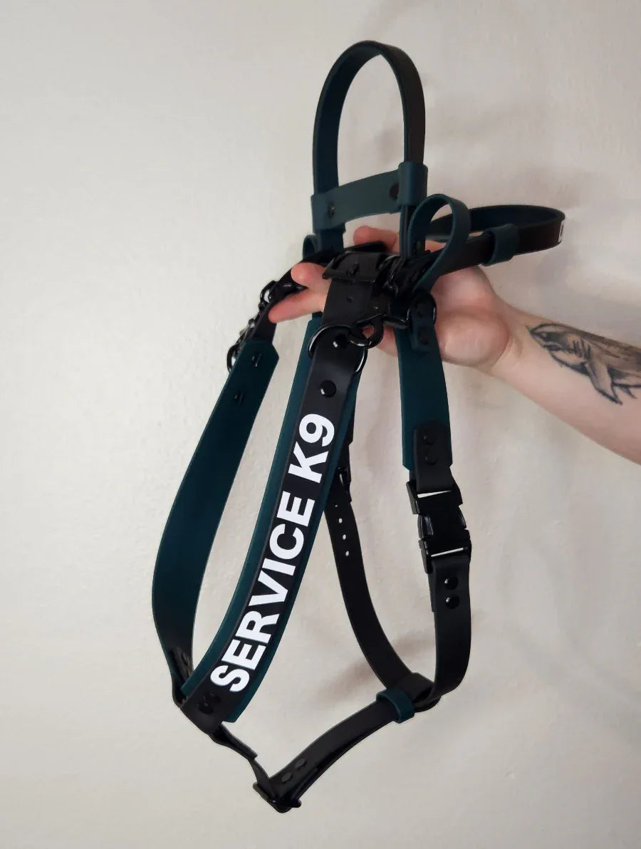 dark green and black layered biothane service k9 harness with counterbalance handle and pull strap