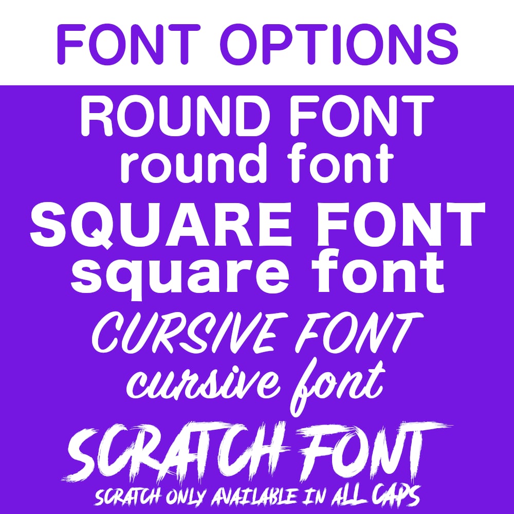 font options including round square cursive and scratch for custom text on outer space dog gear