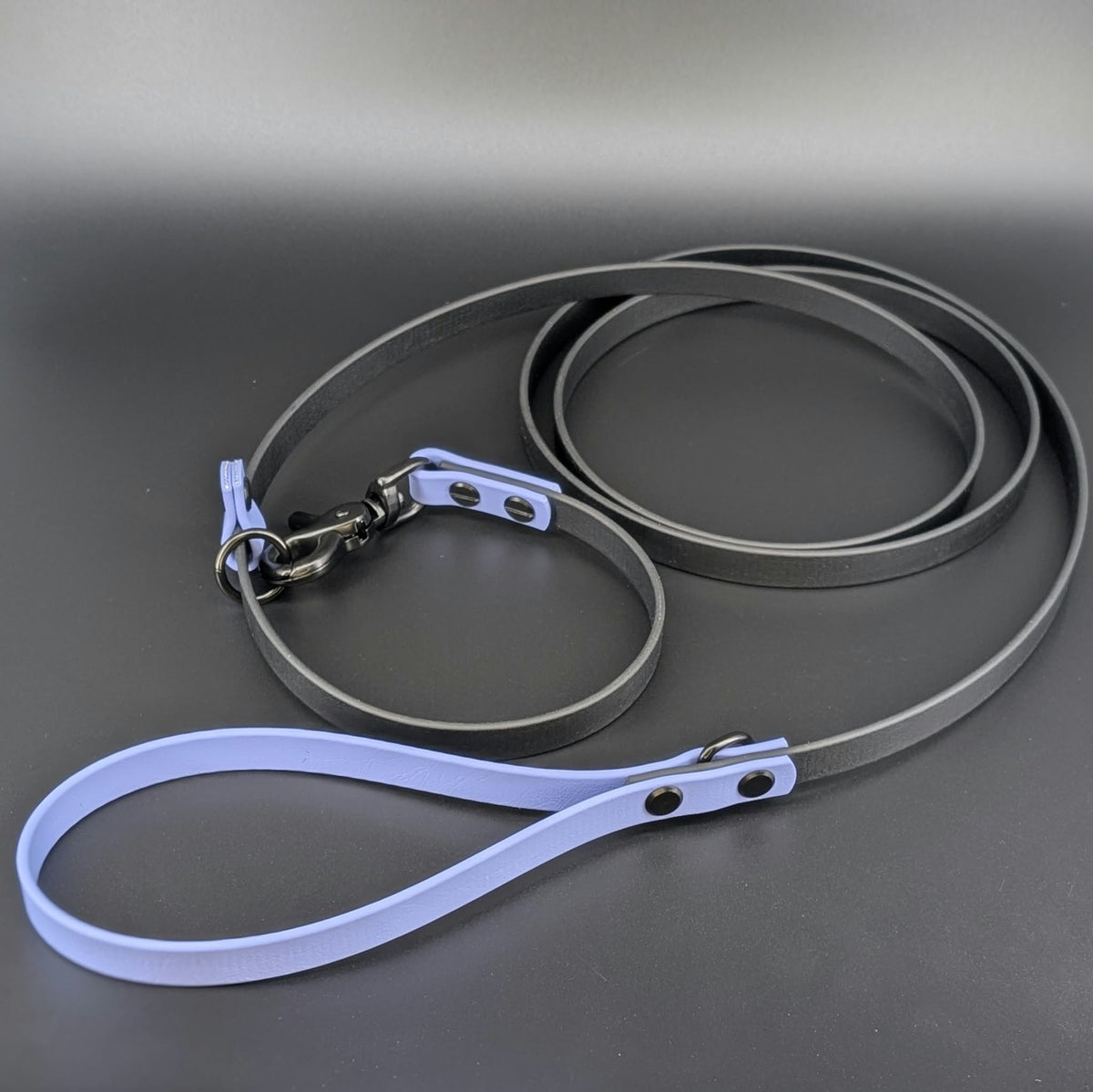 half inch wide black and periwinkle blue biothane slip lead with convertible quick release clip