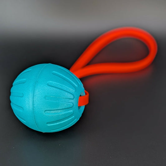 large teal eva foam ball tug with an orange biothane loop handle