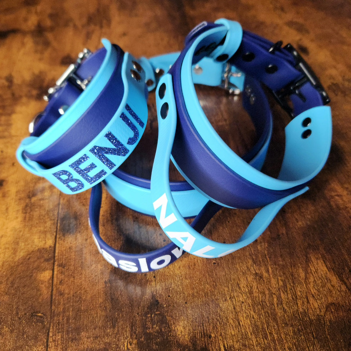 layered biothane dog collar with tactical handle and custom text