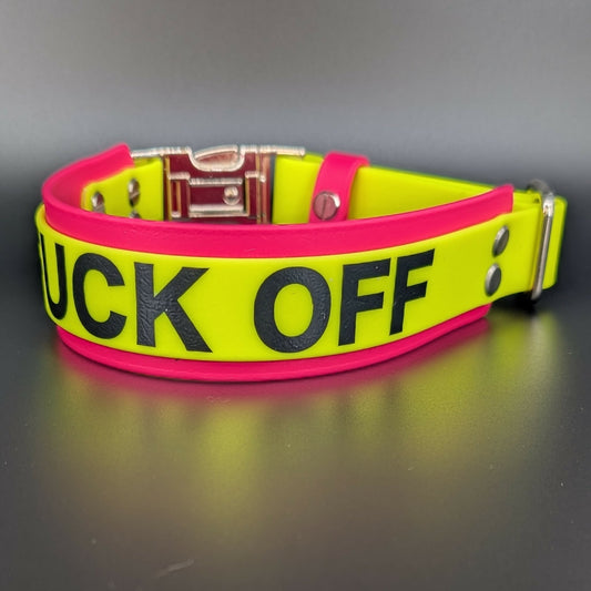 layered pink and yellow biothane collar with fuck off text