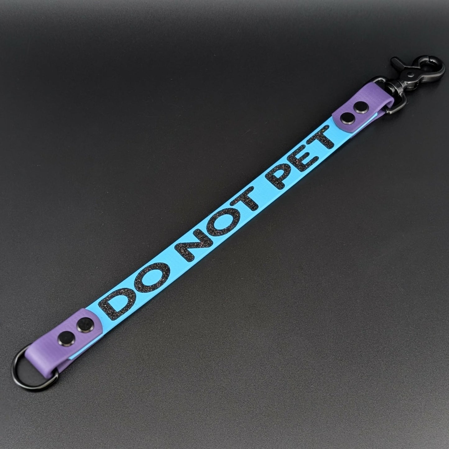 light blue and dark purple biothane do not pet leash extender warning