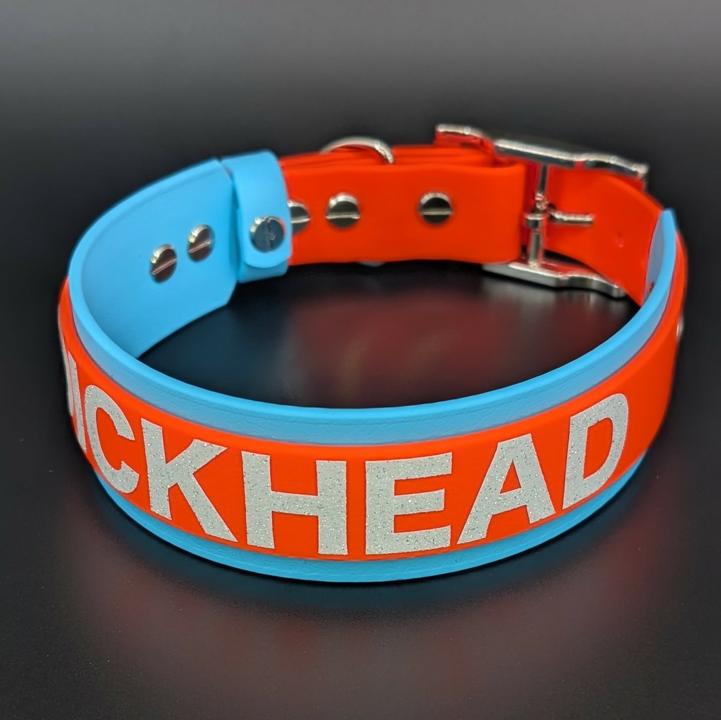light blue and orange layered biothane dickhead dog collar