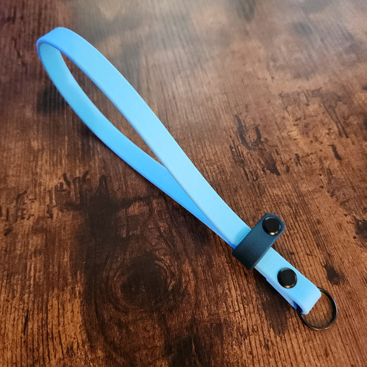 light blue and dark green biothane wrist strap for e-collar remote