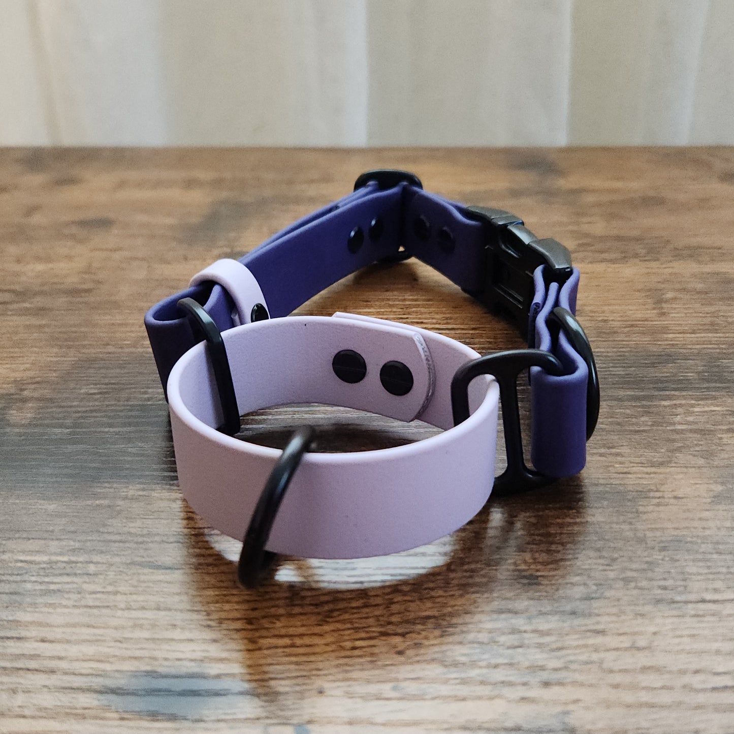 dark purple and light purple biothane martingale collar, adjustable with side release buckle
