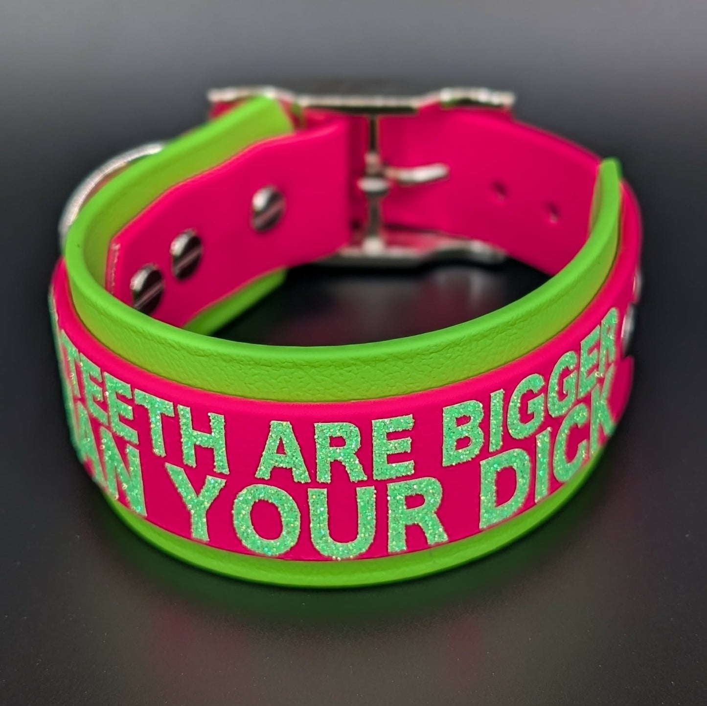 light green with pink layered biothane dog collar with my teeth are bigger than your dick text