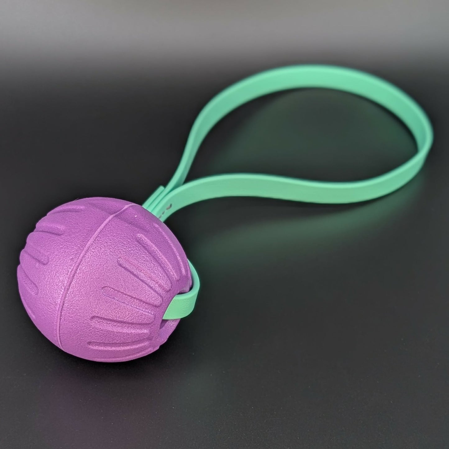 medium purple eva foam ball tug with a mint green biothane loop handle