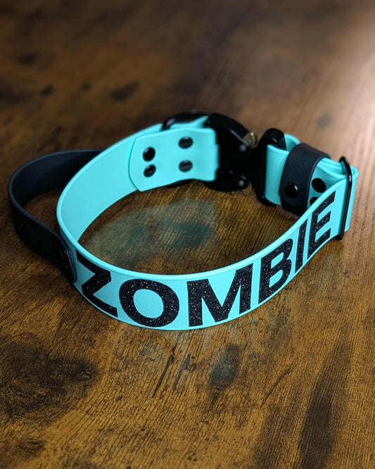 mint green and black biothane tactical handle dog collar with black glitter custom text