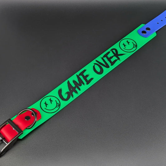 multi color tapered biothane dog collar with game over text