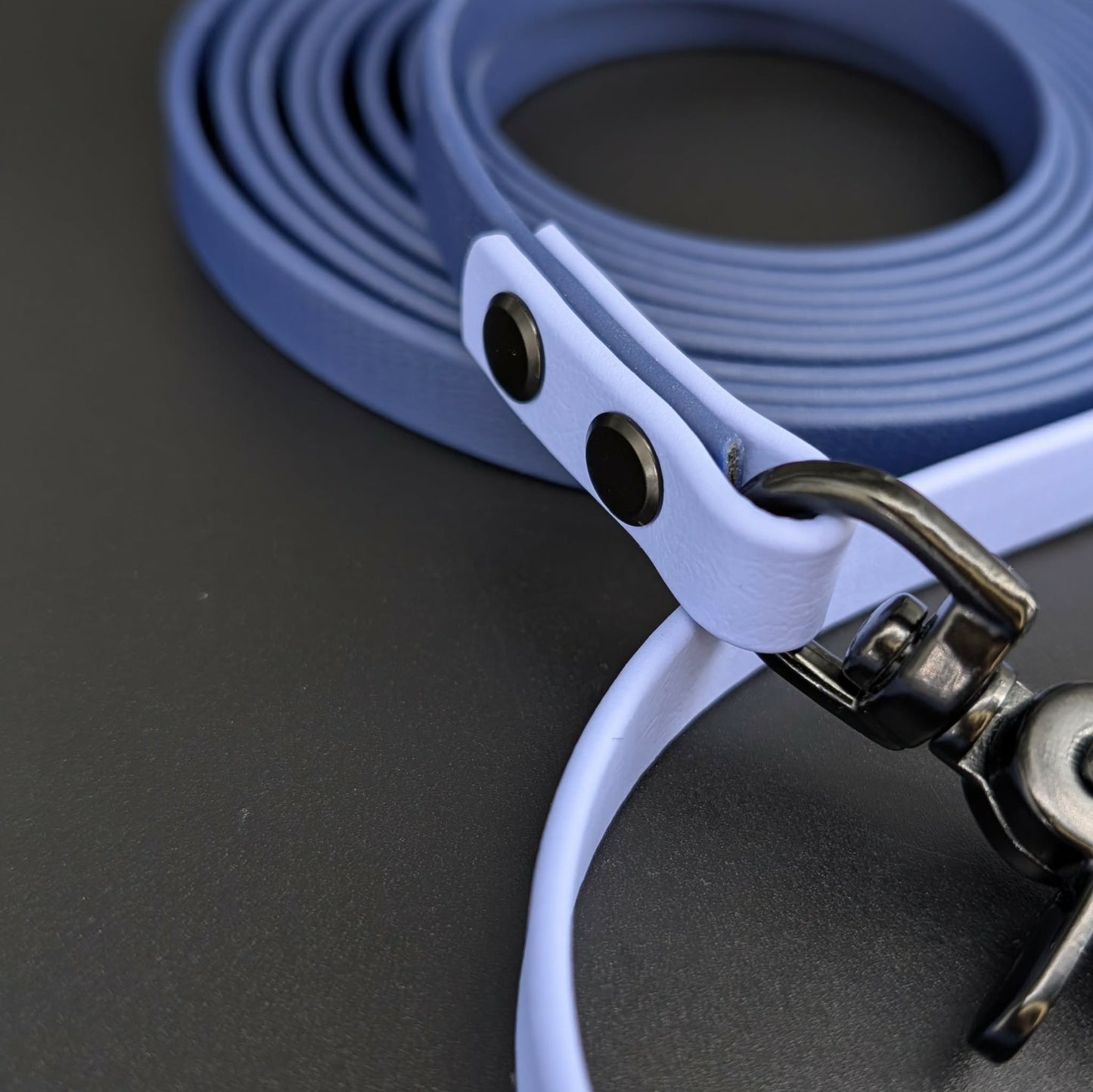 navy blue and periwinkle biothane long line with black hardware