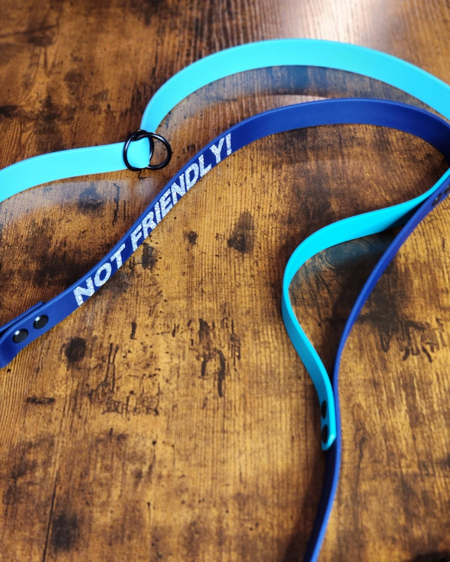 not friendly text on biothane hands free dog leash