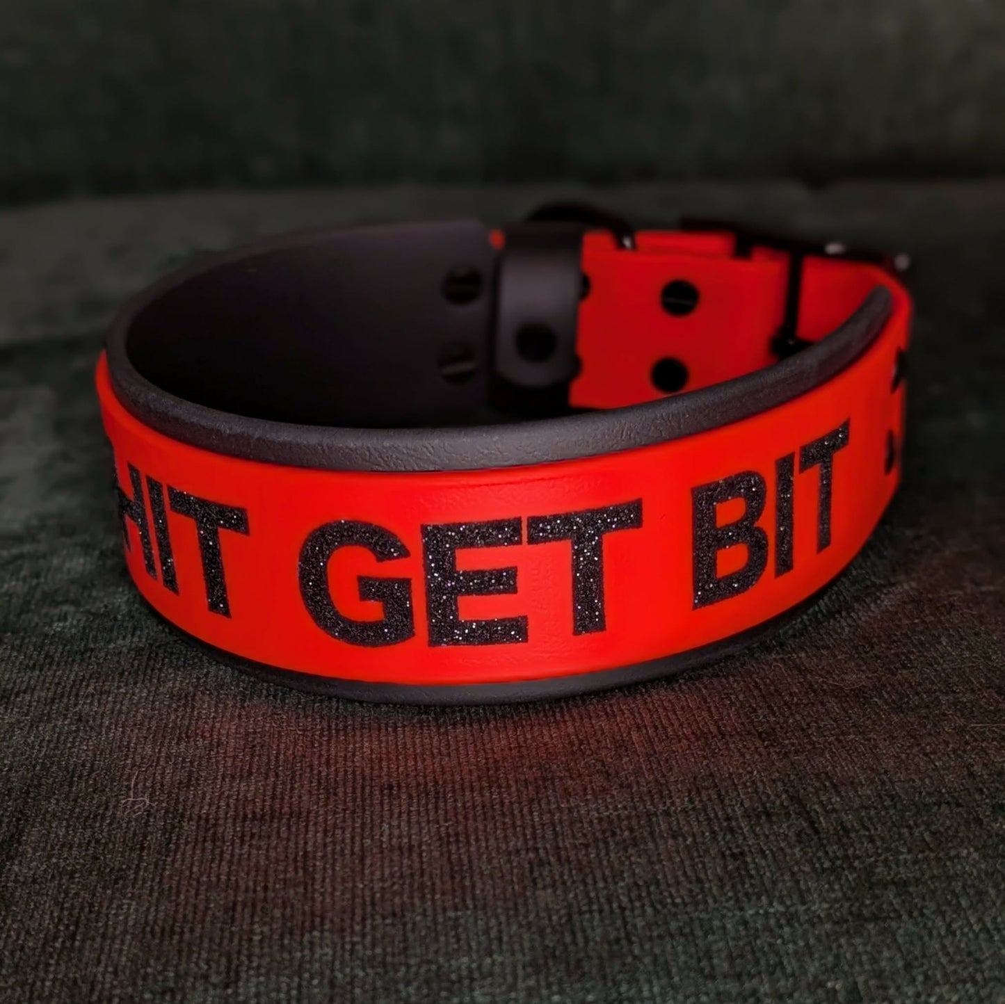 orange and black 2 inch wide biothane talk shit get bit dog collar