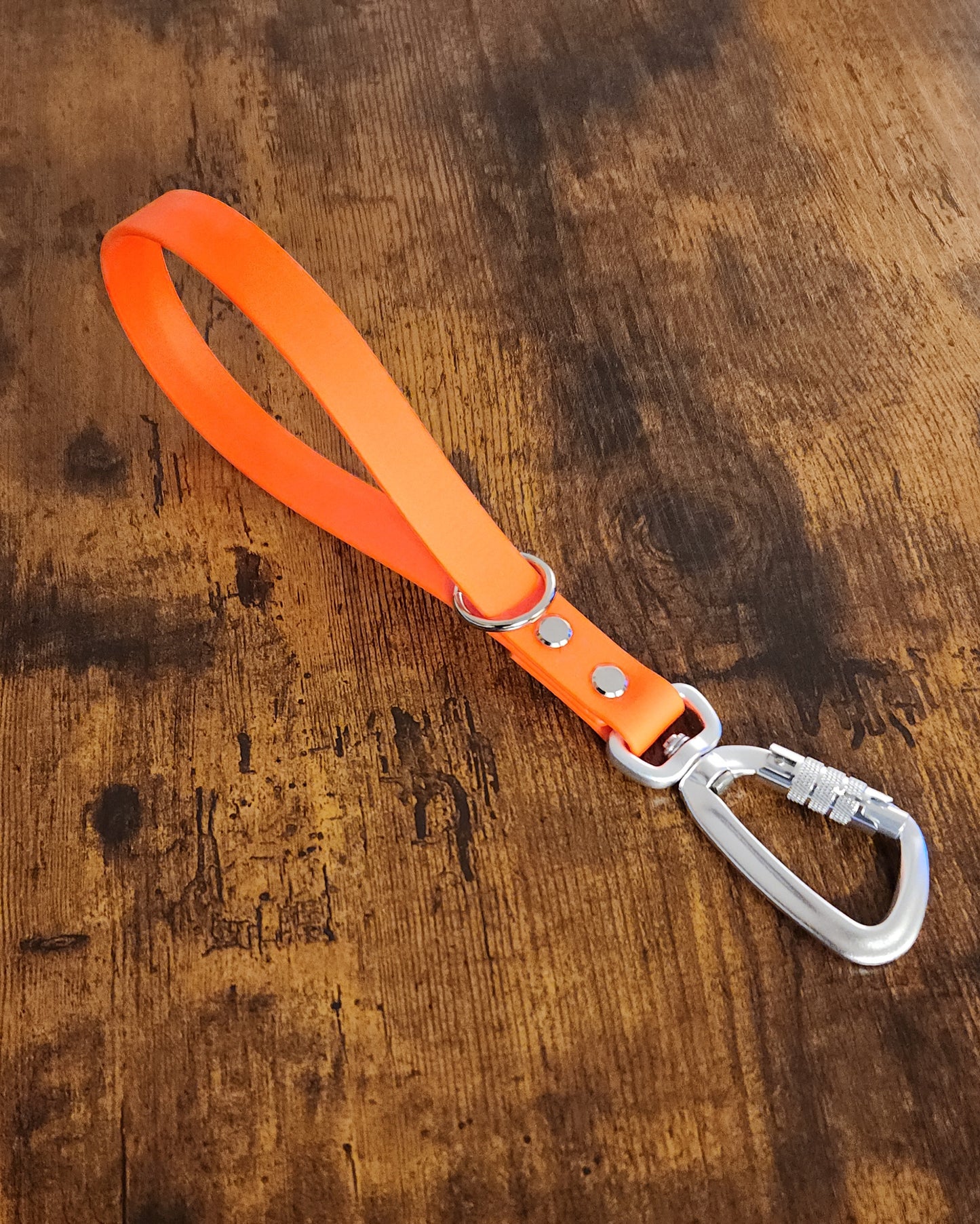 orange biothane traffic lead with floating o ring and twist lock carabiner