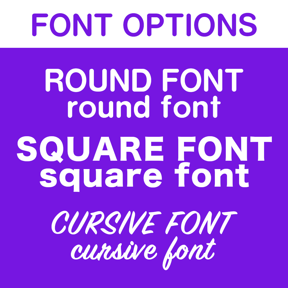 outer space dog gear font options, displaying upper case and lower case round font, square font, and cursive font options for custom text dog gear