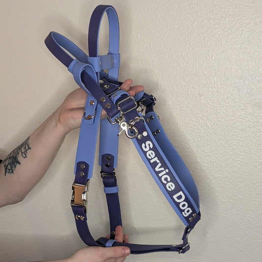 periwinkle blue and dark purple biothane y-front service dog mobility harness with built-in counterbalance handle and detachable pull strap